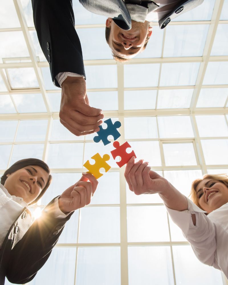Persone con ognuna un pezzo di puzzle in mano che lo convergono verso il centro per unire le forze con un unico obiettivo comune